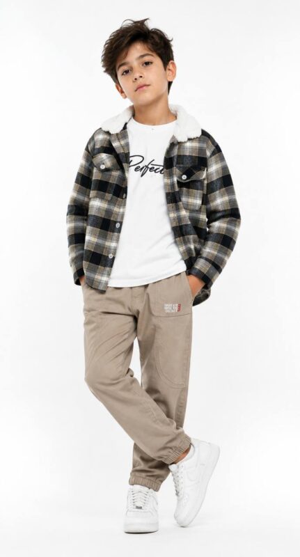 Boys' checkered twins with a fur collar