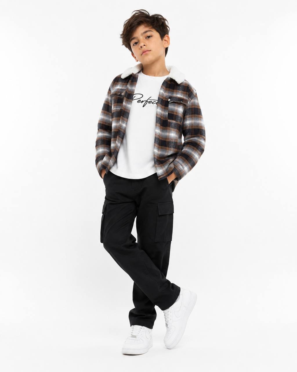 Boys' checkered twins with a fur collar