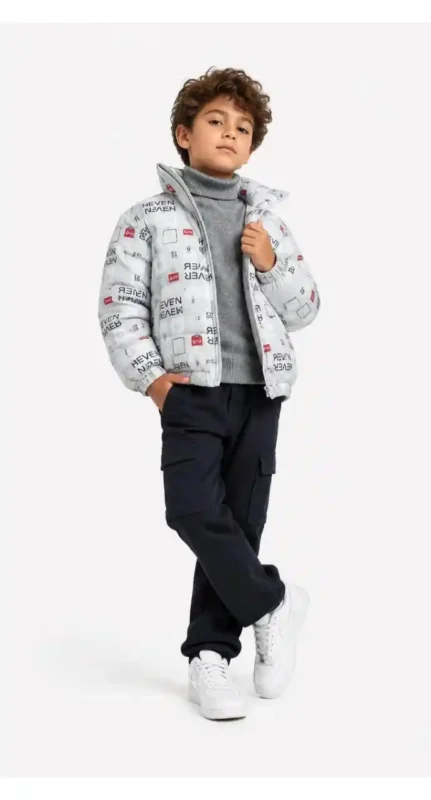 Boys' all-over print jacket with a high collar.