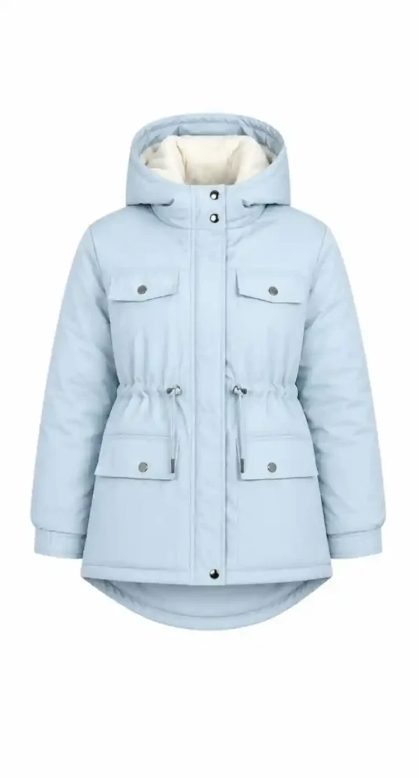 Oversized jacket with a drawstring waist and a detachable hood.