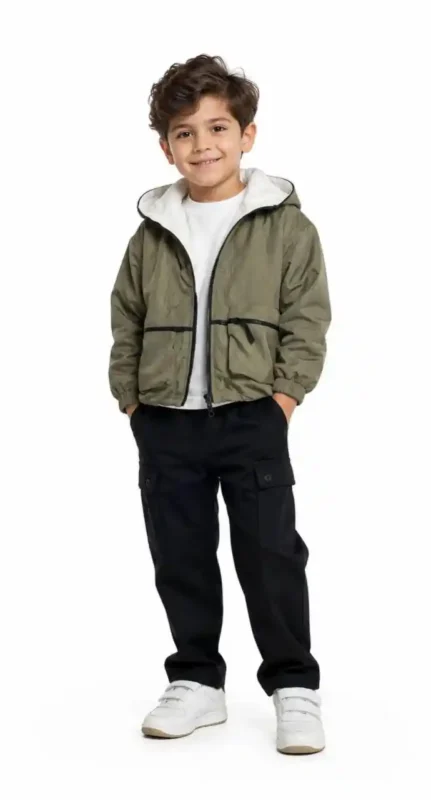 Boys' jacket with patterned fabric and front pockets
