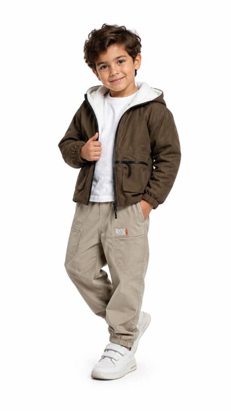 Boys' jacket with patterned fabric and front pockets.